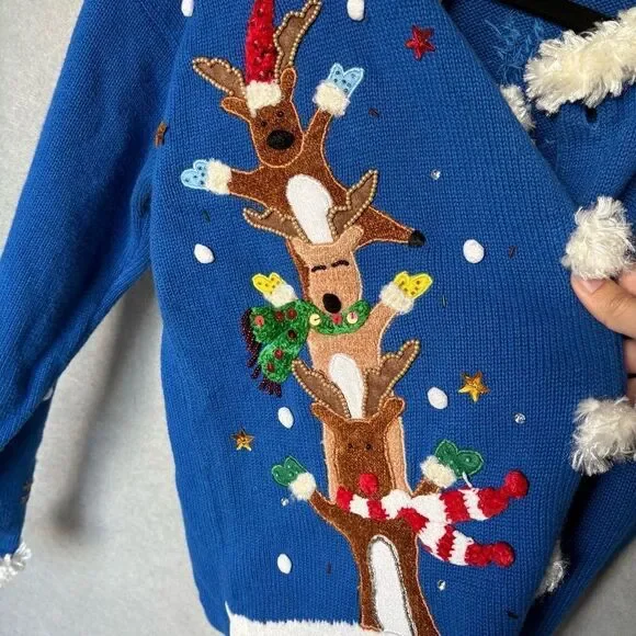 Berek Womens M Blue Ugly Christmas Cardigan Stacked Reindeer Pom Pom - Picture 4 of 6
